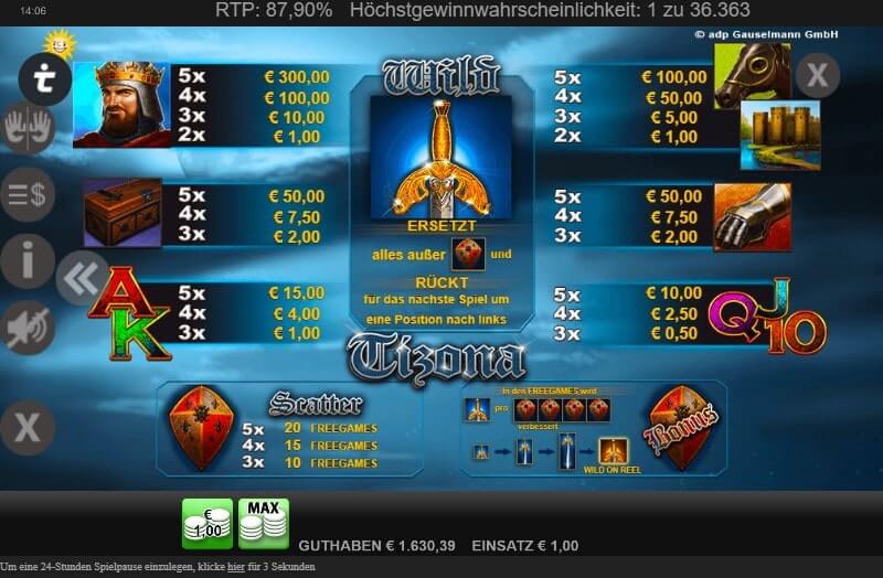 Tizona Slot Gewinnlinien