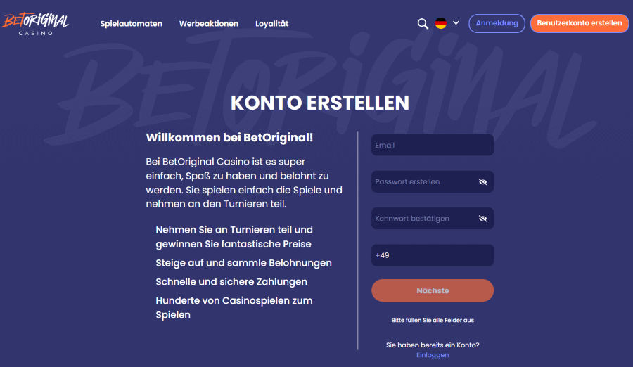 BetOriginal Registrierung