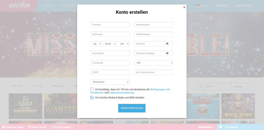 Evolve Casino Registrierung
